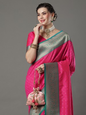 Sareemall Woven Banarasi Silk Blend Saree(Pink)