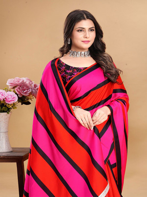 ANOUK Printed Saree with Attached Blouse Satin Saree(Pink)