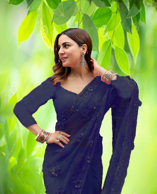 Tirth International Embroidered Bollywood Net Saree(Dark Blue)