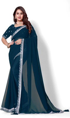 PATTARI Solid/Plain Bollywood Georgette Saree(Dark Blue)