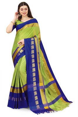 NOTABILIA Self Design Kanjivaram Art Silk, Cotton Silk Saree(Blue, Light Green)