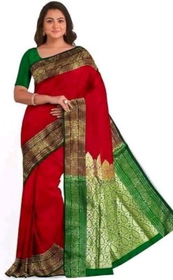 mKsaree Woven Handloom Satin Saree(Red)