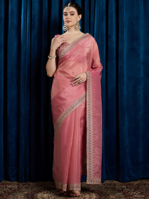 Tasrika Embroidered Bollywood Organza Saree(Pink)