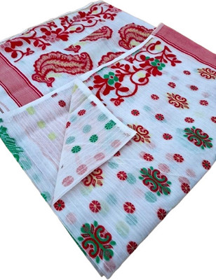 Dristikone Woven Jamdani Pure Cotton Saree(White, Red)