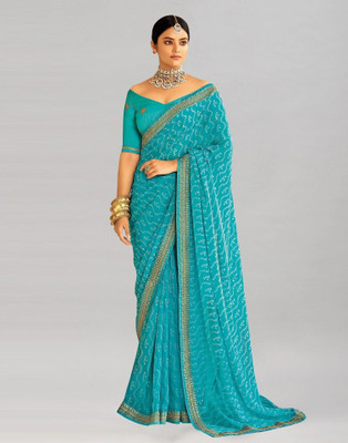 Samah Printed, Embroidered, Embellished Bandhani Georgette Saree(Light Blue, White)