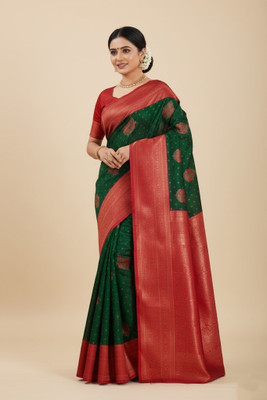 Bindi Woven Banarasi Cotton Silk, Jacquard Saree(Dark Green, Red)