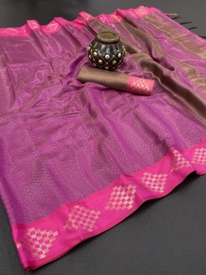 Juhi Collection Color Block, Embellished, Woven, Temple Border Banarasi Art Silk Saree(Pink)