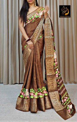 AVANTIKA FASHION Woven, Embellished, Printed Kalamkari Pure Silk, Art Silk Saree(Brown)