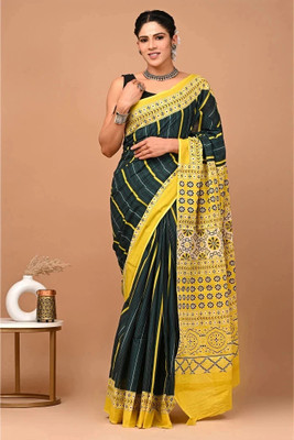 HIYAMI Printed Daily Wear Cotton Linen Saree(Black, Yellow)