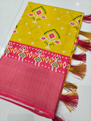AA ONE ENTERPRISE Hand Painted Bollywood Dupion Silk Saree(Yellow)
