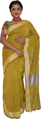 KheyaliBoutique Solid/Plain Handloom Cotton Linen Saree(Light Green)