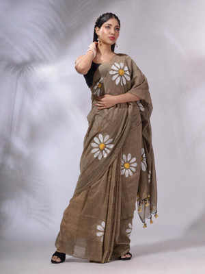 Aika Floral Print Daily Wear Linen Saree(Brown)