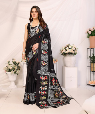 Divastri Printed Bhagalpuri Art Silk, Lace Saree(Black)