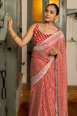 MIRCHI FASHION Printed, Striped Leheria Chiffon, Georgette Saree(Red, Cream)