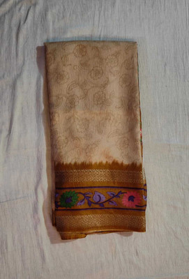 Elegant Ensemble Printed, Floral Print, Woven, Self Design Handloom Silk Blend Saree(Cream, Multicolor)