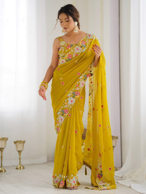 ANOUK Embellished Bollywood Georgette Saree(Mustard)