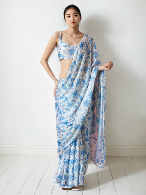 LeeliPeeri Designer Printed Bollywood Silk Blend Saree(White, Blue)