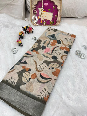 KOTHARI KREATION Digital Print Banarasi Cotton Linen Saree(Cream)