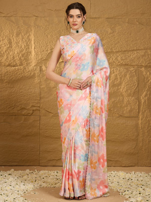 Sareemall Floral Print Bollywood Satin Saree(Multicolor)