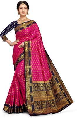 ALAKH FASHION Woven, Temple Border, Self Design Banarasi Jacquard Saree(Pink)