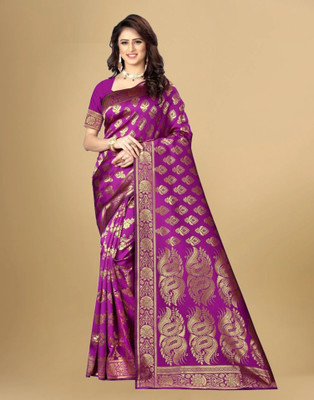Samah Woven, Embellished, Self Design Banarasi Silk Blend, Jacquard Saree(Magenta, Gold)