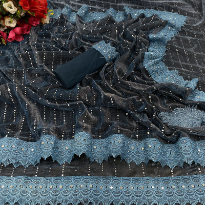 SLIYOXA Embellished Mysore Lycra Blend Saree(Blue)