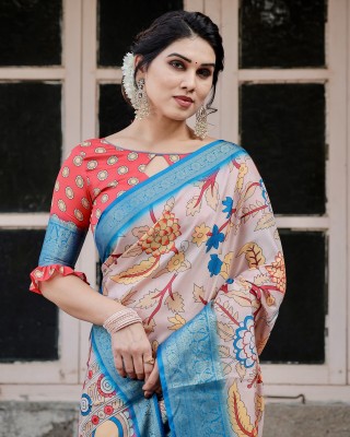 maharani couture Digital Print Kalamkari Silk Blend Saree(Beige)