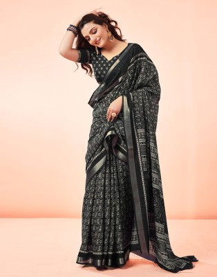 Divastri Embellished, Woven, Printed Ikkat Cotton Blend Saree(Black, Cream)