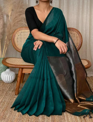 BongAp Solid/Plain Handloom Cotton Blend Saree(Dark Green)