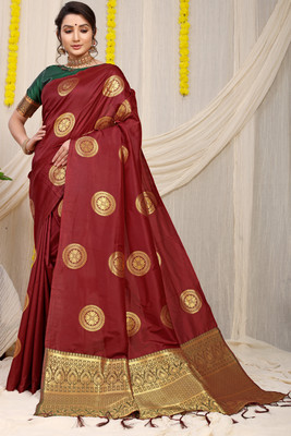 sarjan creation Printed Banarasi Jacquard Saree(Maroon)