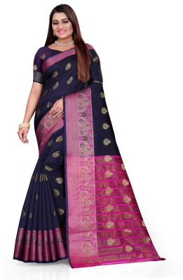 JS Clothing Mart Self Design Banarasi Cotton Silk Saree(Blue)