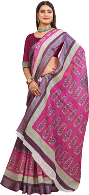HouseOfCommon Printed Kanjivaram Pure Cotton, Cotton Linen Saree(Pink)