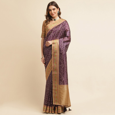 Divastri Printed Bandhani Silk Blend Saree(Purple)