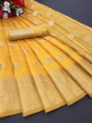 GOGAJI COLLECTION Temple Border, Woven Kanjivaram Cotton Silk, Chanderi Saree(Yellow)