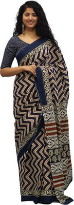 Clothonus Printed Ikkat Pure Cotton Saree(Black)