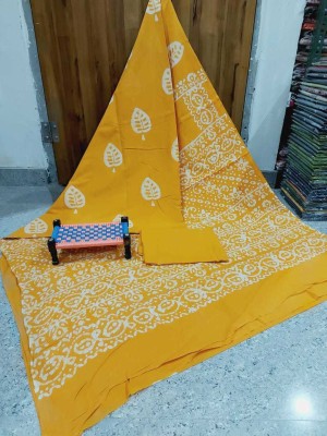 SUNDREESAREE Blocked Printed, Color Block, Floral Print, Printed Daily Wear Pure Cotton Saree(Yellow)