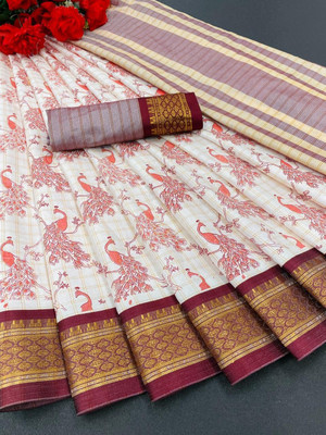 Bansari Textiles Printed Jamdani Silk Blend, Cotton Silk Saree(Maroon)