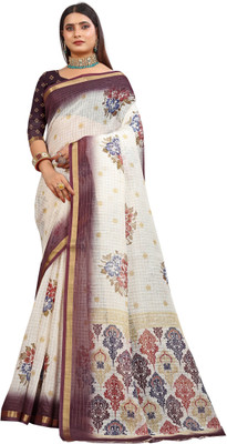 PRTRENDZ Printed Kanjivaram Pure Cotton, Cotton Linen Saree(Cream)