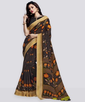 Samah Printed, Geometric Print, Floral Print Kota Doria Cotton Silk Saree(Brown, Beige)