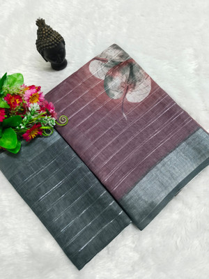 HouseOfCommon Printed Kanjivaram Linen, Cotton Linen Saree(Grey)