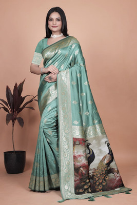 Trushna Fashion Printed Banarasi Pure Silk Saree(Light Green)