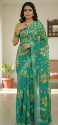 HOUSEOFSADNA Floral Print Banarasi Georgette Saree(Light Green)