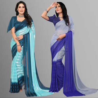 Anand Sarees Embellished, Ombre, Striped Bollywood Satin Saree(Pack of 2, Dark Blue, Light Blue, Red)