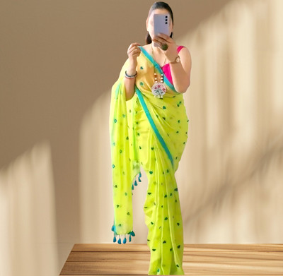 HouseOfCommon Solid/Plain, Printed Kalamkari Handloom Pure Cotton Saree(Light Green, Blue, Pink)