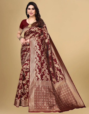 Shoppershopee Woven Kanjivaram Silk Blend Saree(Maroon)