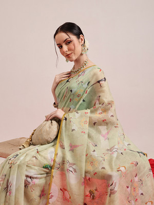 SILK ZONE Digital Print Chanderi Cotton Blend Saree(Light Green)