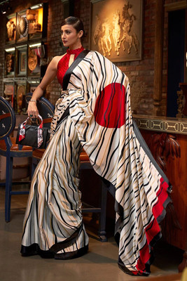 Fabian Fashion Self Design, Floral Print, Printed, Digital Print Bollywood Satin Saree(White)