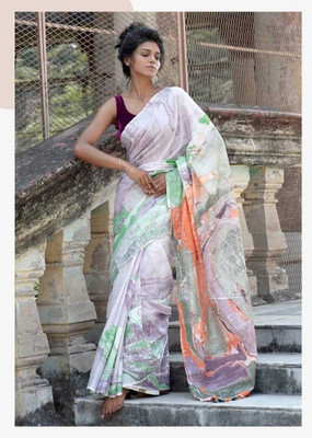 Luxury Silk Printed Bhagalpuri Handloom Cotton Blend Saree(Pink)