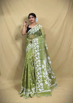 Ayanti Fashion Woven Jamdani Muslin Saree(Dark Green)