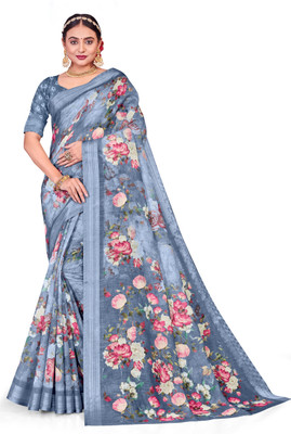 VIRTH Digital Print Bollywood Cotton Linen Saree(Blue)